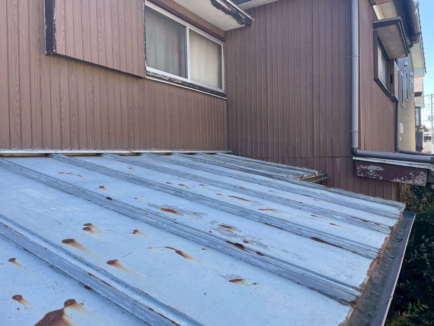 点々とサビが発生している下屋の金属屋根