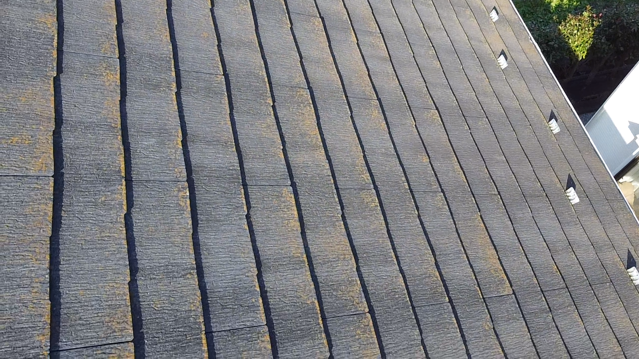 茶色い苔のスレート屋根アップ