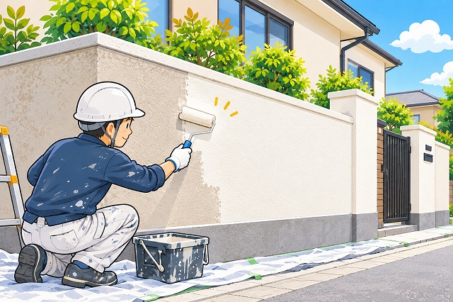 塀の塗装をしている職人