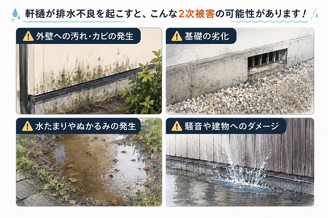 雨樋が排水不良を起こし破損すると出る2次被害